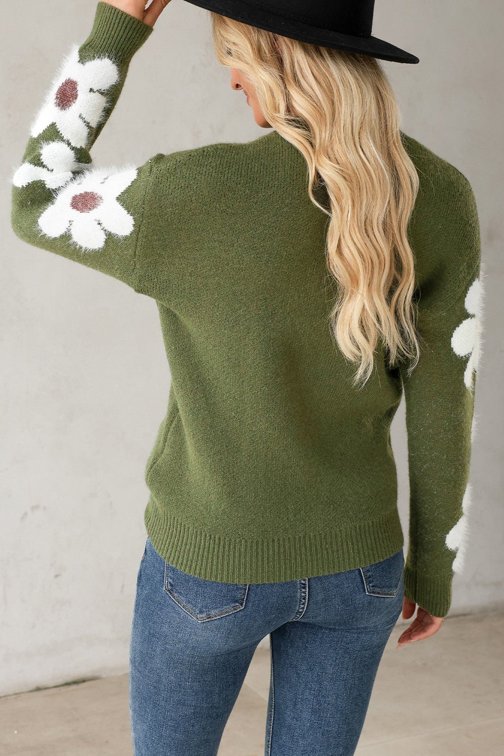 Flower Round Neck Long Sleeve Sweater - Bella Blue Styles