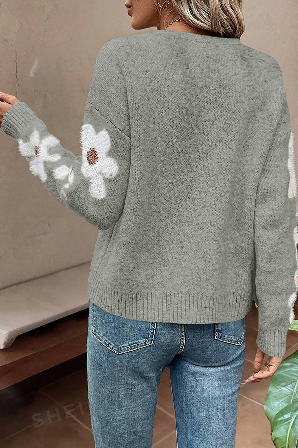 Flower Round Neck Long Sleeve Sweater - Bella Blue Styles