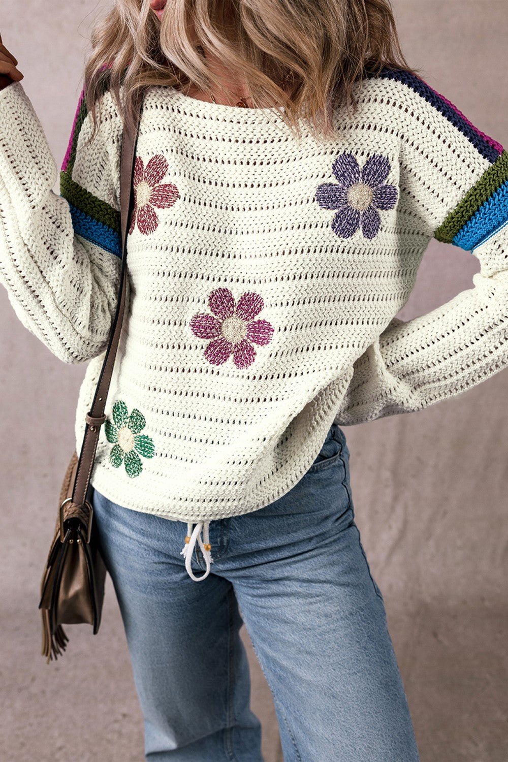 Flower Round Neck Long Sleeve Sweater - Bella Blue Styles