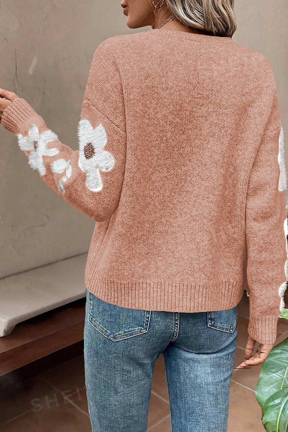 Flower Round Neck Long Sleeve Sweater - Bella Blue Styles