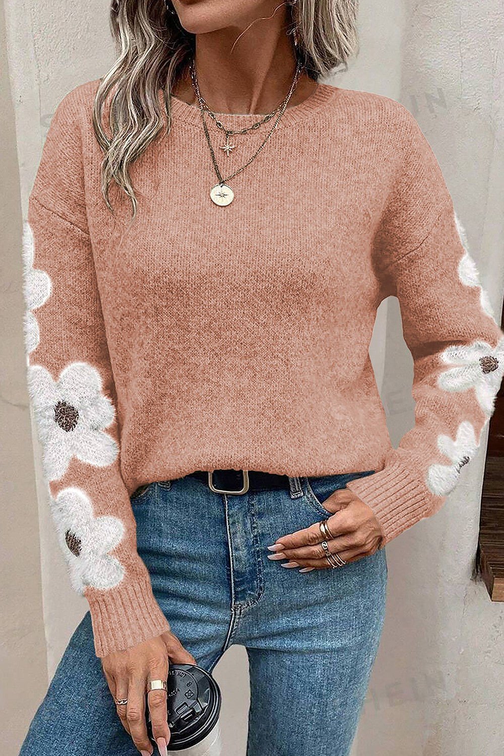 Flower Round Neck Long Sleeve Sweater - Bella Blue Styles