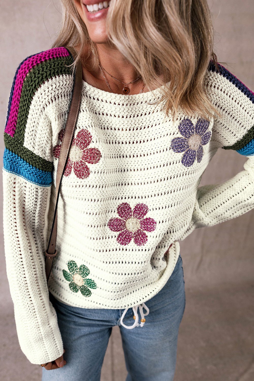 Flower Round Neck Long Sleeve Sweater - Bella Blue Styles