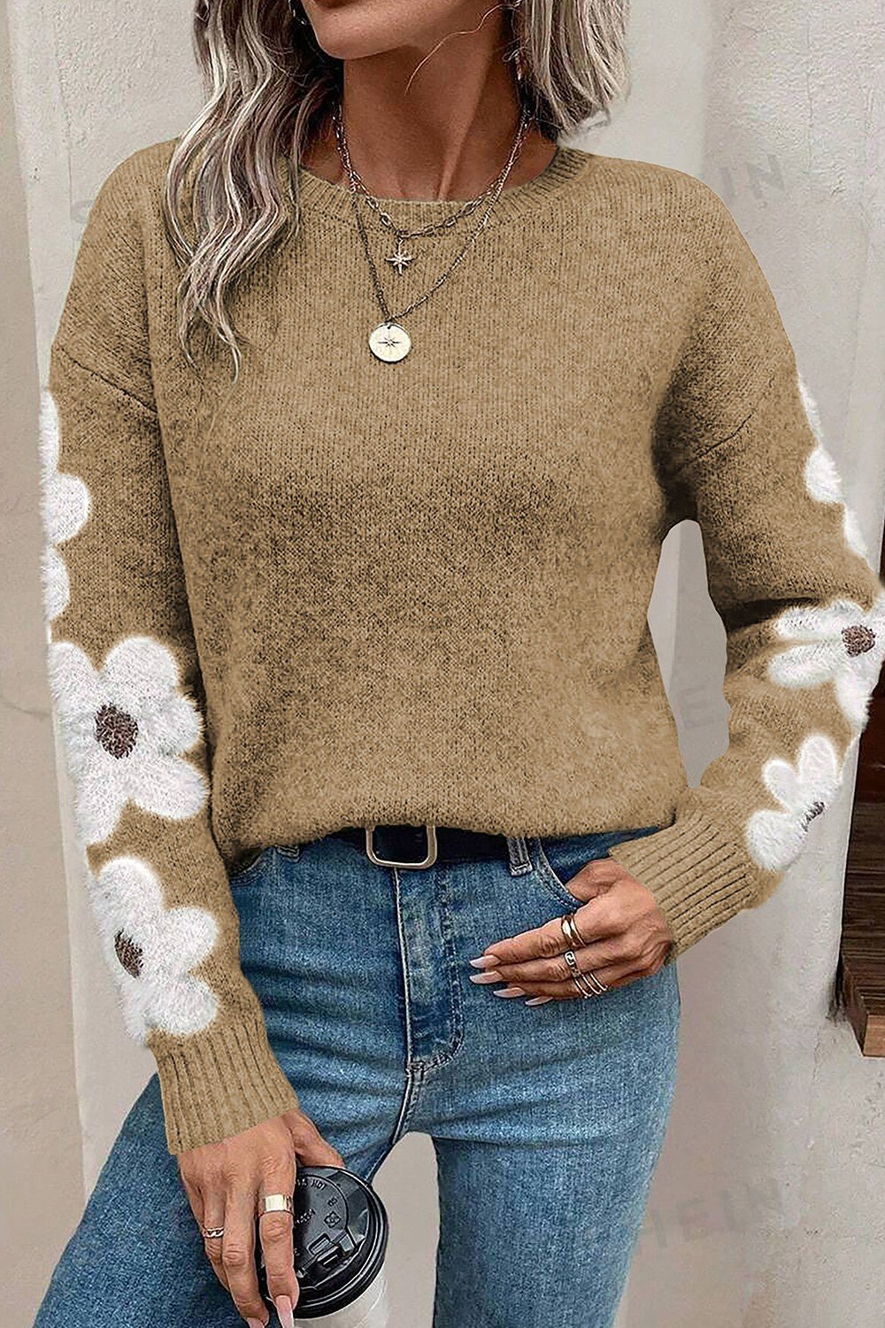 Flower Round Neck Long Sleeve Sweater - Bella Blue Styles