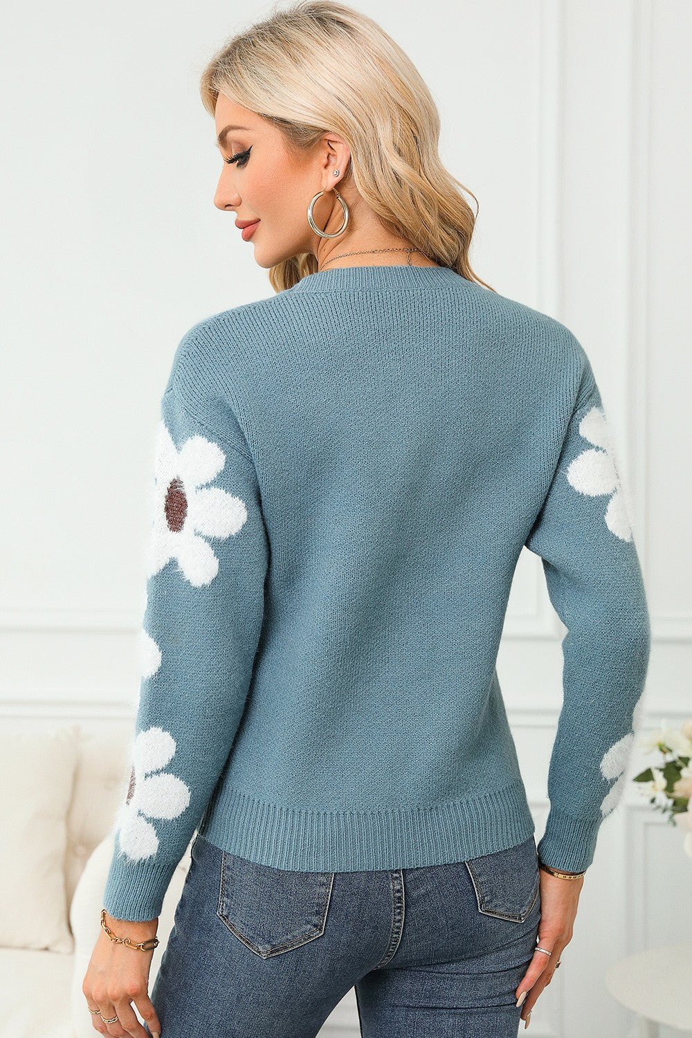 Flower Round Neck Long Sleeve Sweater - Bella Blue Styles