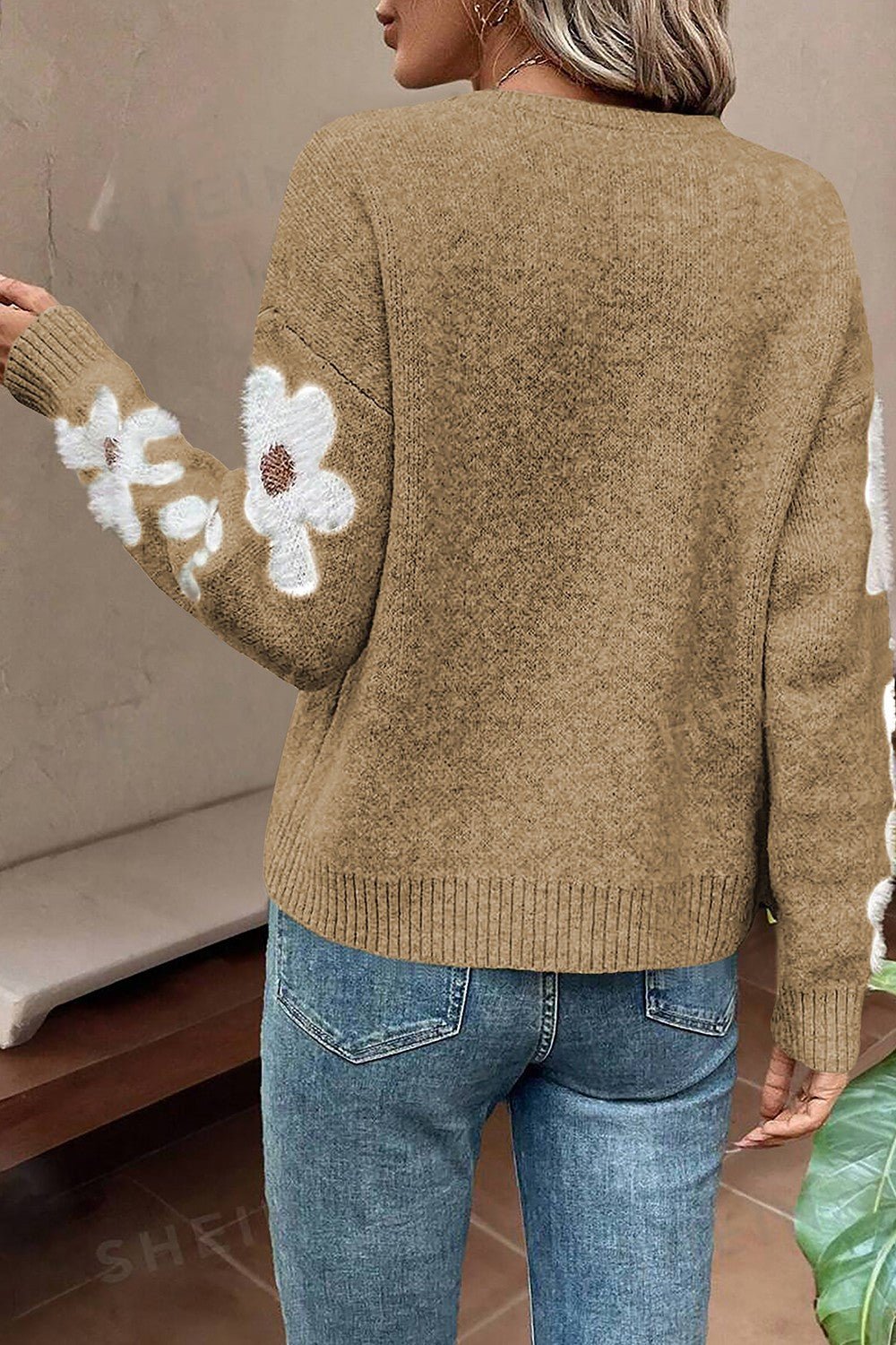 Flower Round Neck Long Sleeve Sweater - Bella Blue Styles