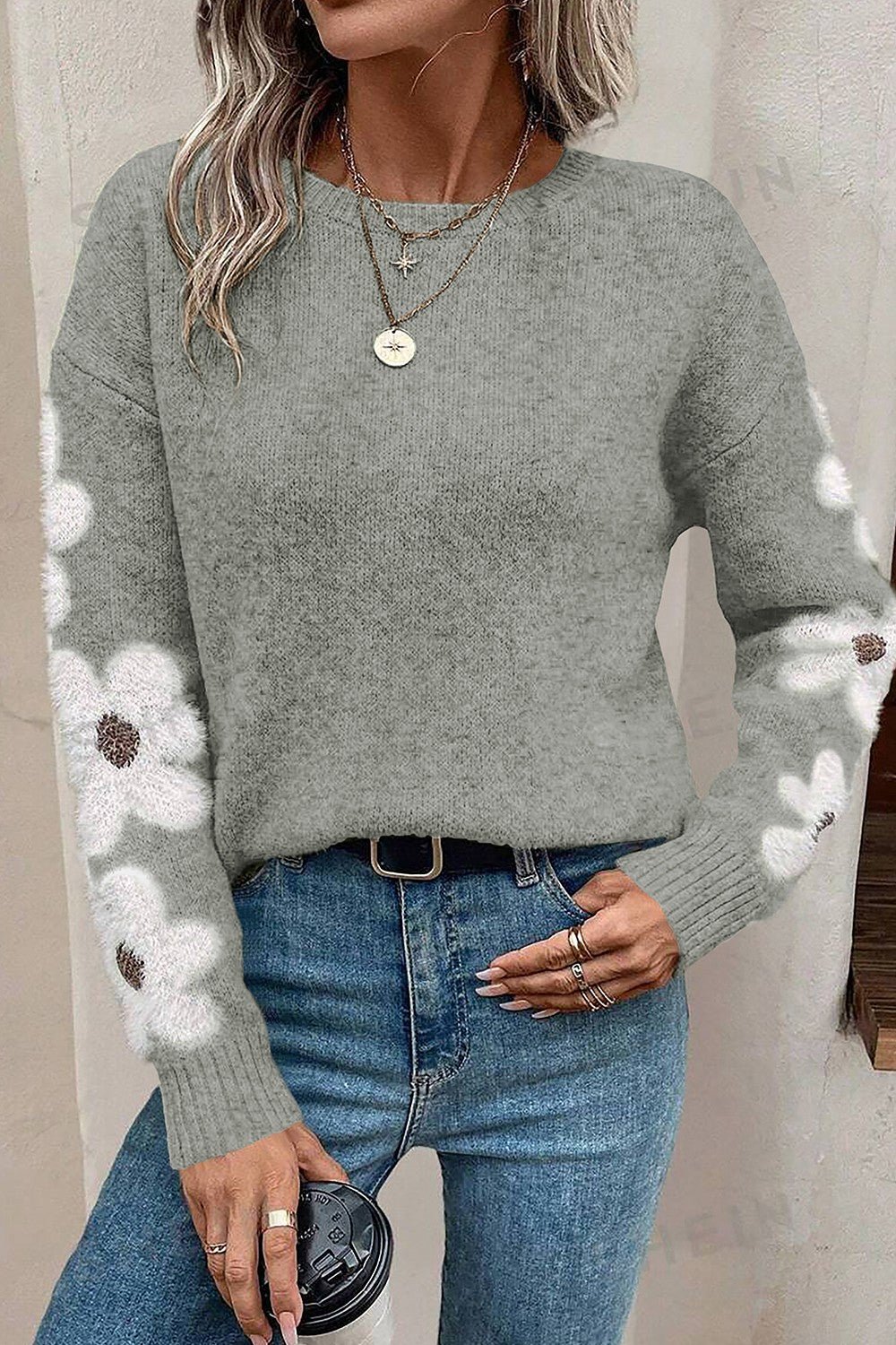 Flower Round Neck Long Sleeve Sweater - Bella Blue Styles