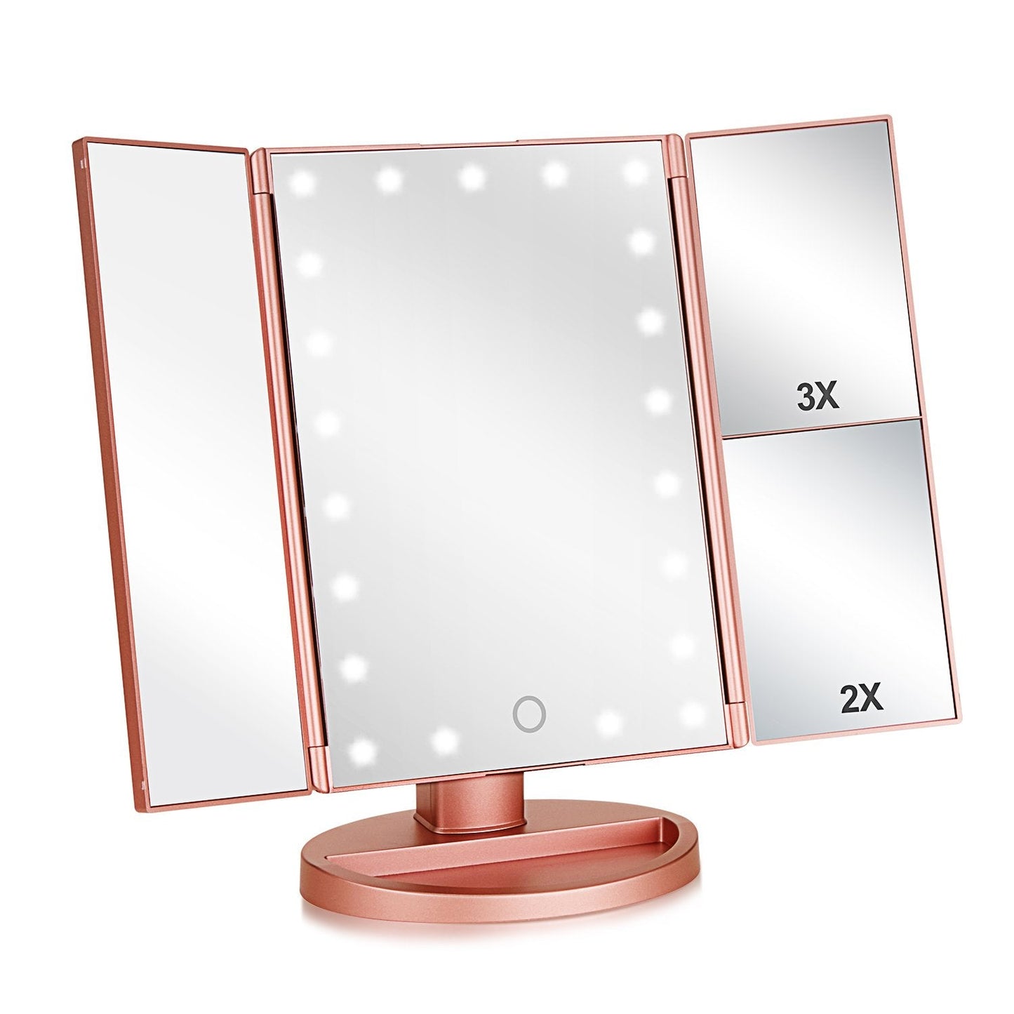 Flymiro Tri - fold Lighted Vanity Makeup Mirror with 3x/2x Magnification,21 LEDs Light and Touch Screen,180 Degree Free Rotation Countertop Cosmetic Mirror,Travel (Rose Gold) - Bella Blue Styles