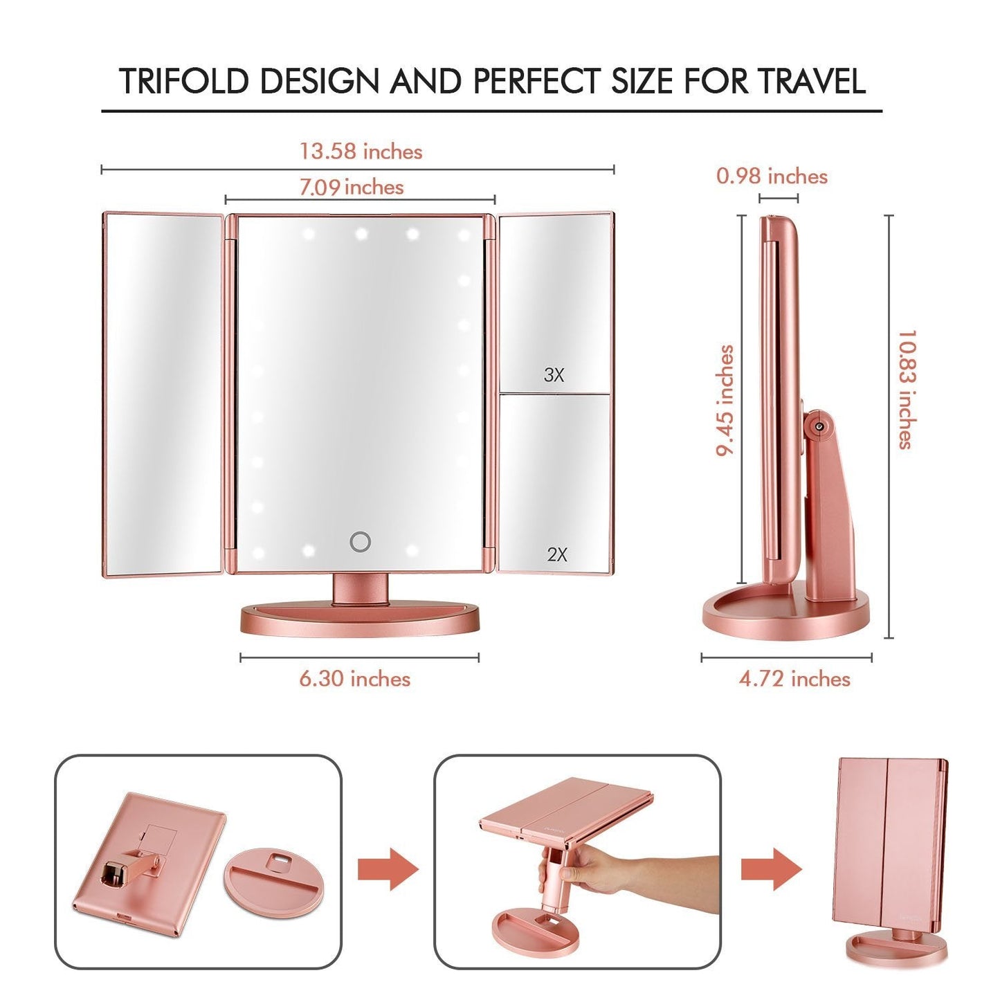 Flymiro Tri - fold Lighted Vanity Makeup Mirror with 3x/2x Magnification,21 LEDs Light and Touch Screen,180 Degree Free Rotation Countertop Cosmetic Mirror,Travel (Rose Gold) - Bella Blue Styles