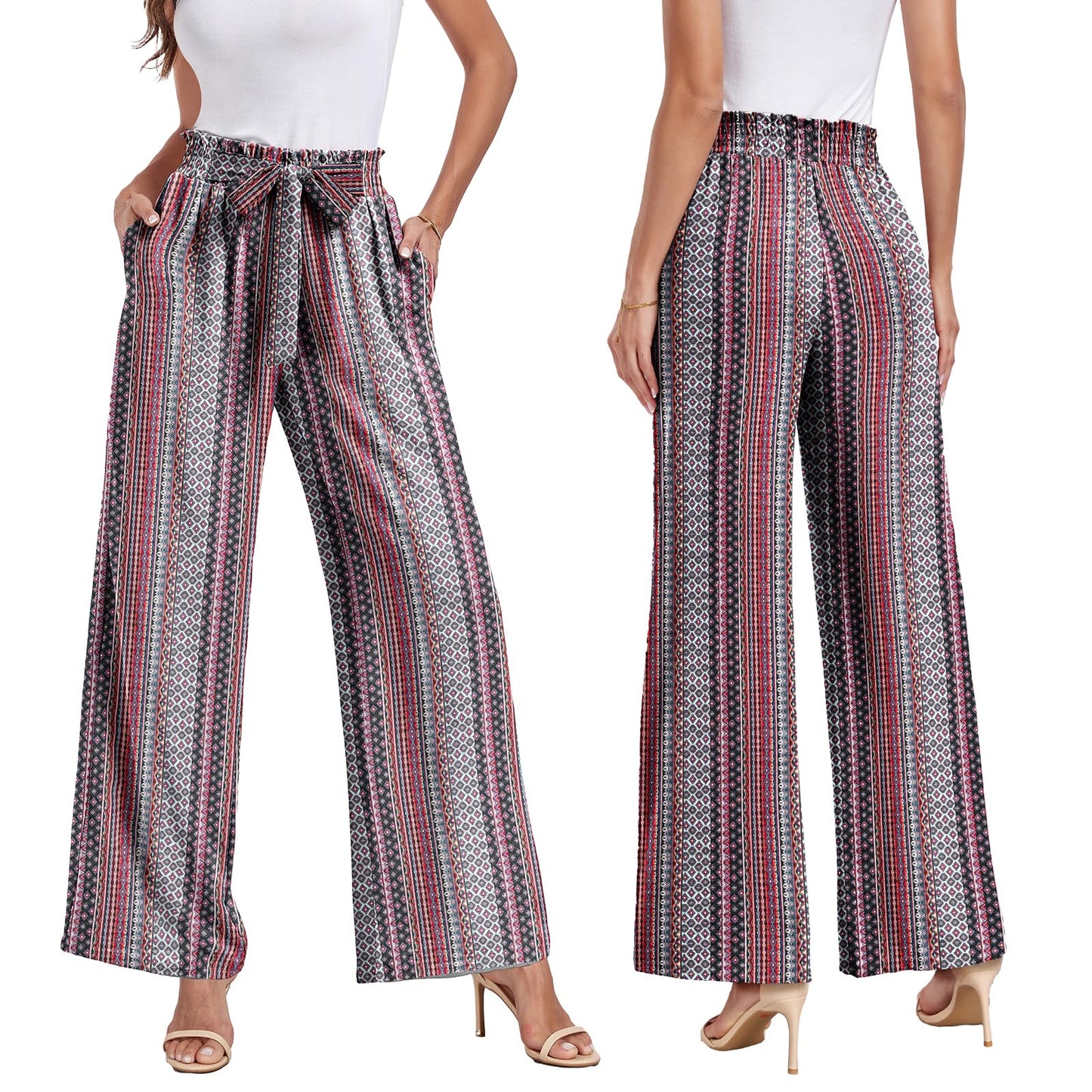 FREEOAK Wide Leg Casual Business Boho Hippie Pants Flowy Breathable Soft Pajama Bottom Trendy Outfits Beach Plus Size Office - Bella Blue Styles