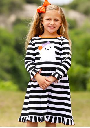 Friendly Ghost Striped Halloween Cotton Dress - Bella Blue Styles