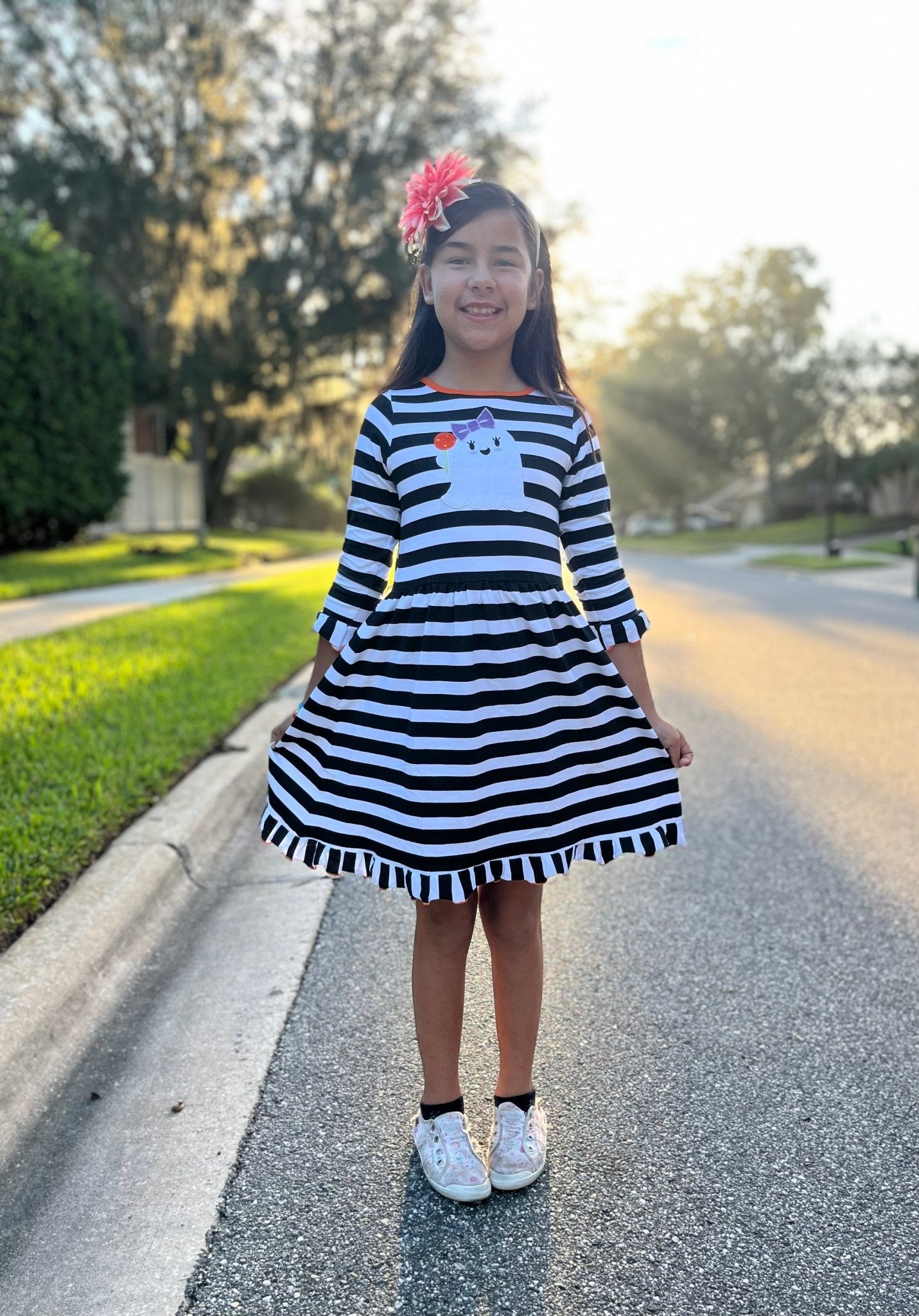 Friendly Ghost Striped Halloween Cotton Dress - Bella Blue Styles