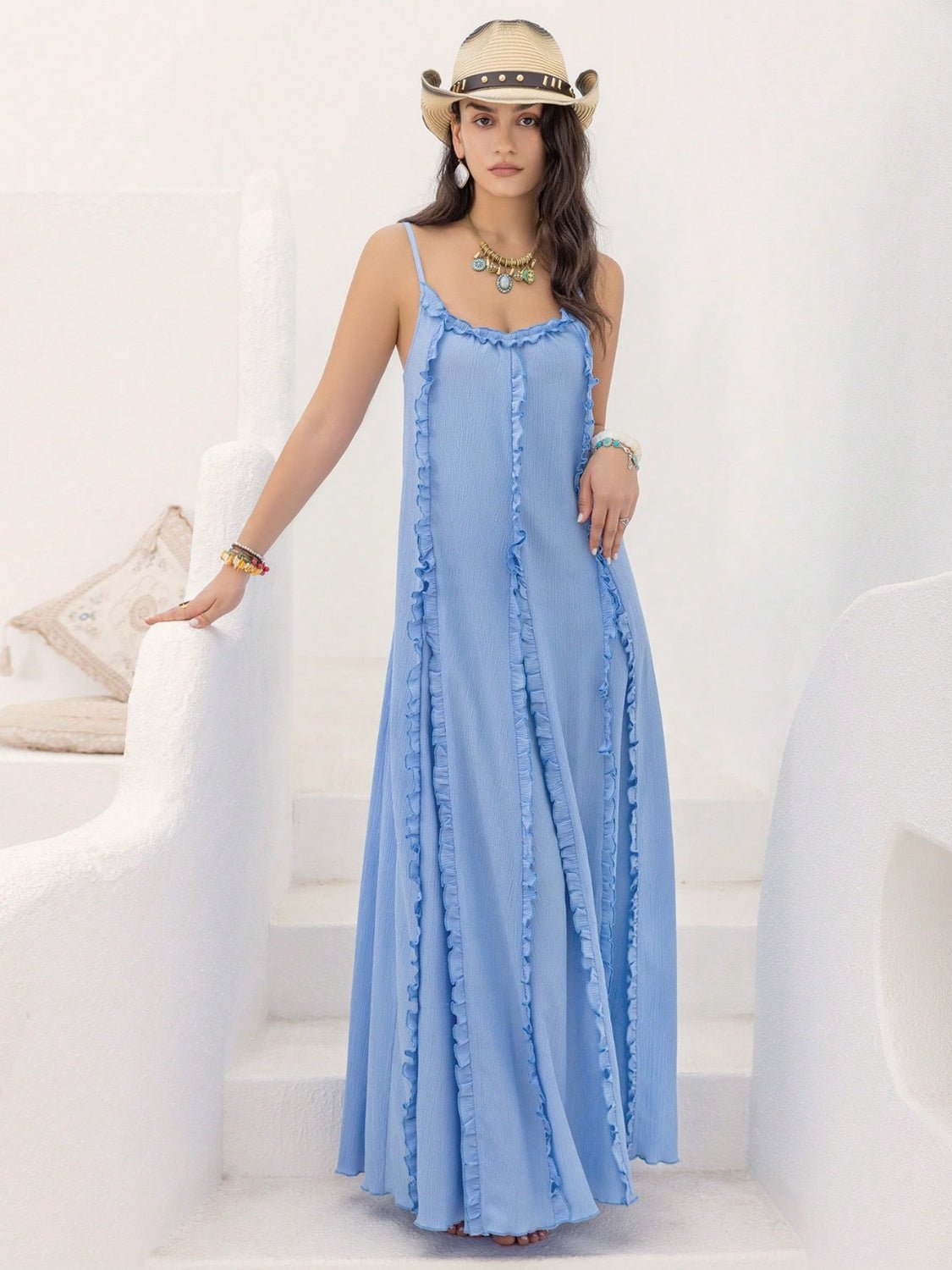 Frill Scoop Neck Maxi Cami Dress - Bella Blue Styles