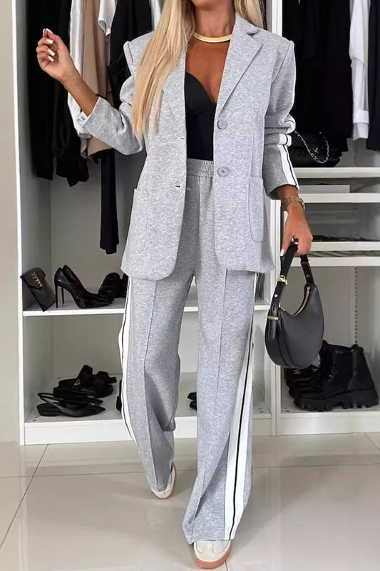 Full Size Contrast Lapel Collar Top and Pants Set - Bella Blue Styles