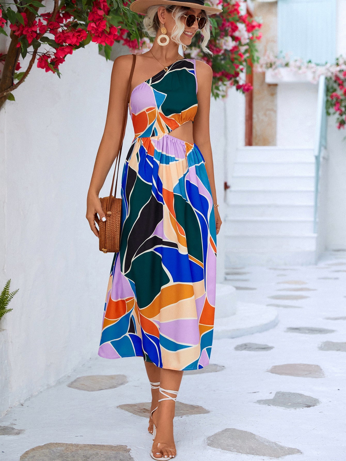 Geometric Cutout One-Shoulder Midi Dress - Bella Blue Styles