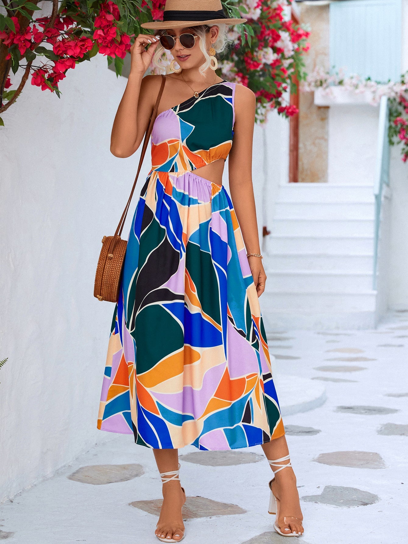 Geometric Cutout One-Shoulder Midi Dress - Bella Blue Styles