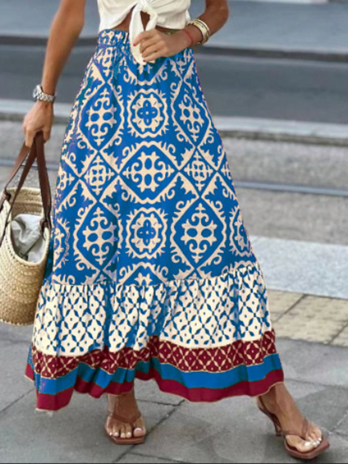 Geometric Elastic Waist Maxi Skirt - Bella Blue Styles