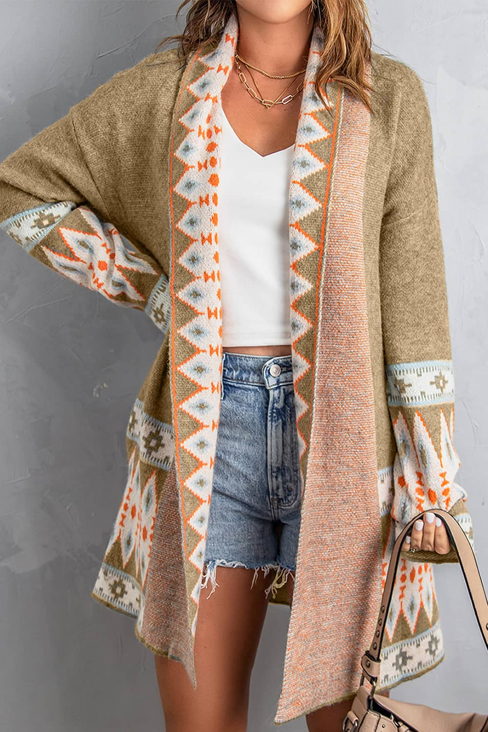 Geometric Open Front Long Sleeve Cardigan - Bella Blue Styles