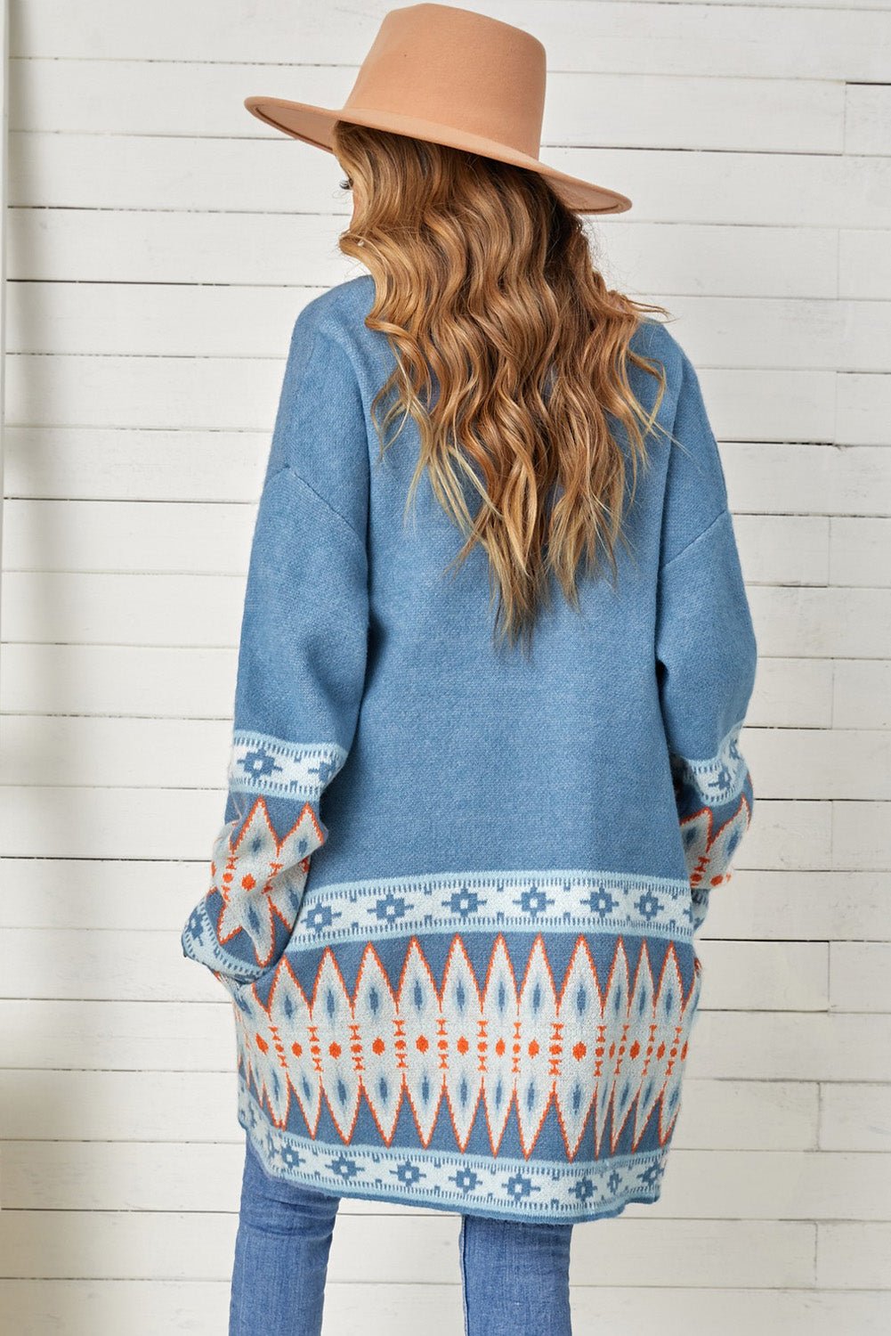 Geometric Open Front Long Sleeve Cardigan - Bella Blue Styles