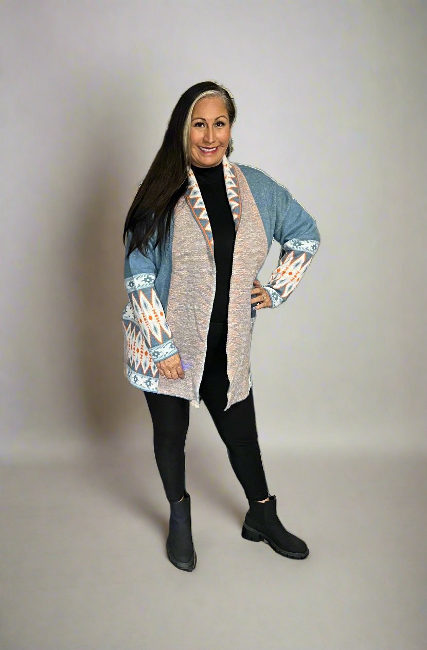 Geometric Open Front Long Sleeve Cardigan - Bella Blue Styles