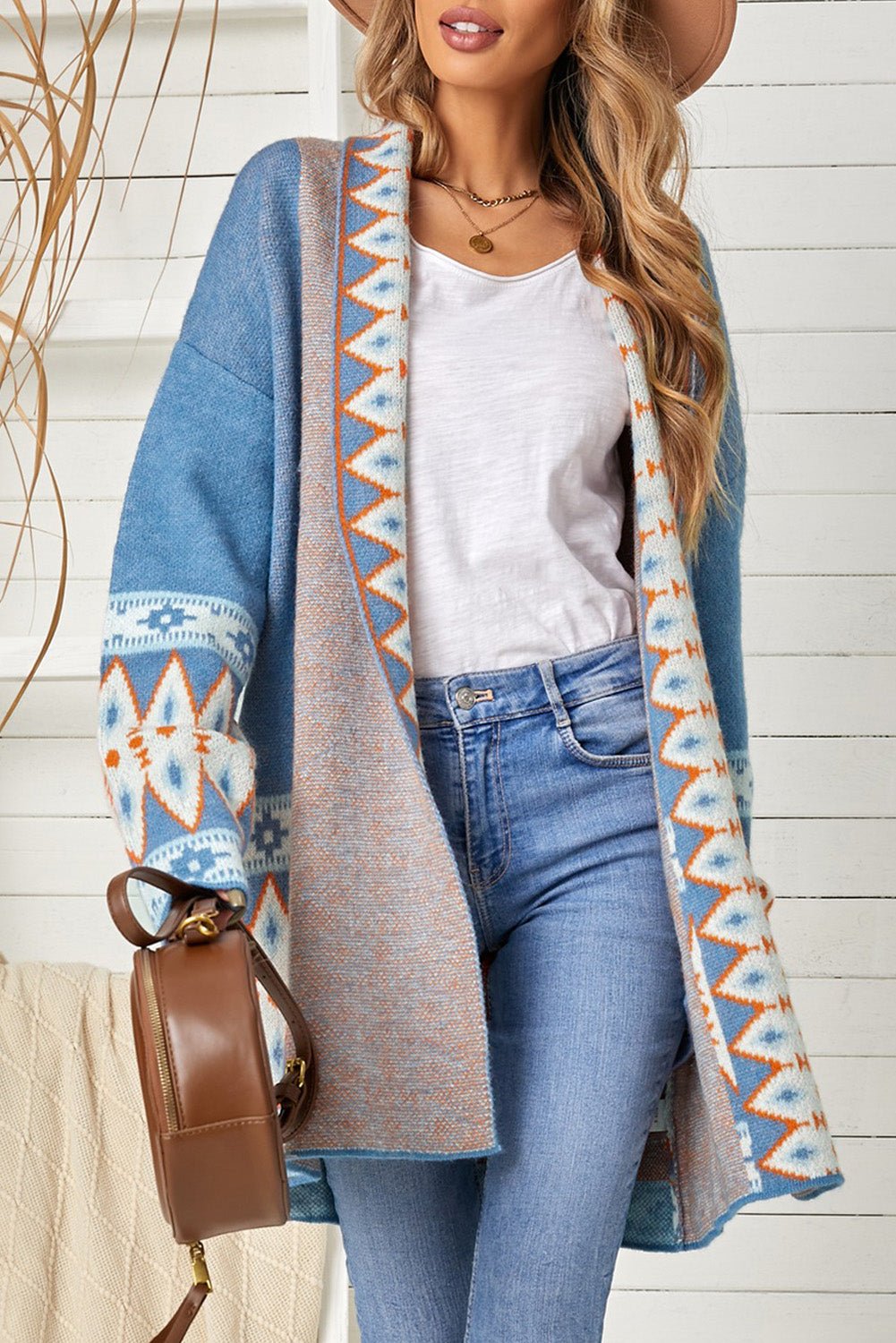 Geometric Open Front Long Sleeve Cardigan - Bella Blue Styles