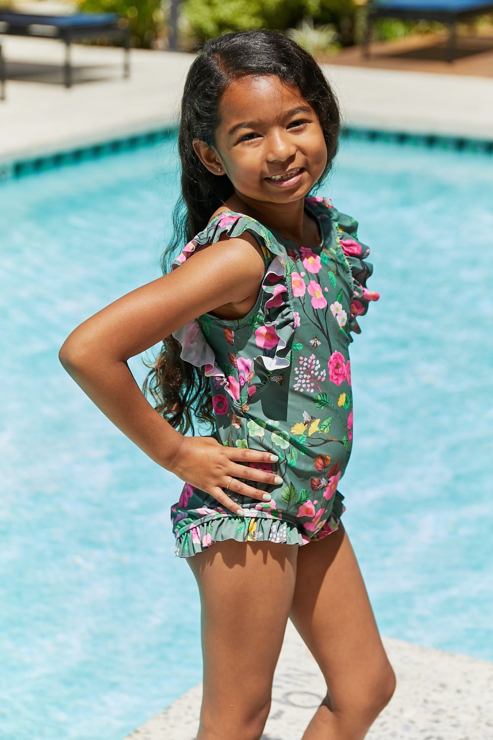 Girls Bring Me Flowers V-Neck One Piece Swimsuit - Bella Blue Styles