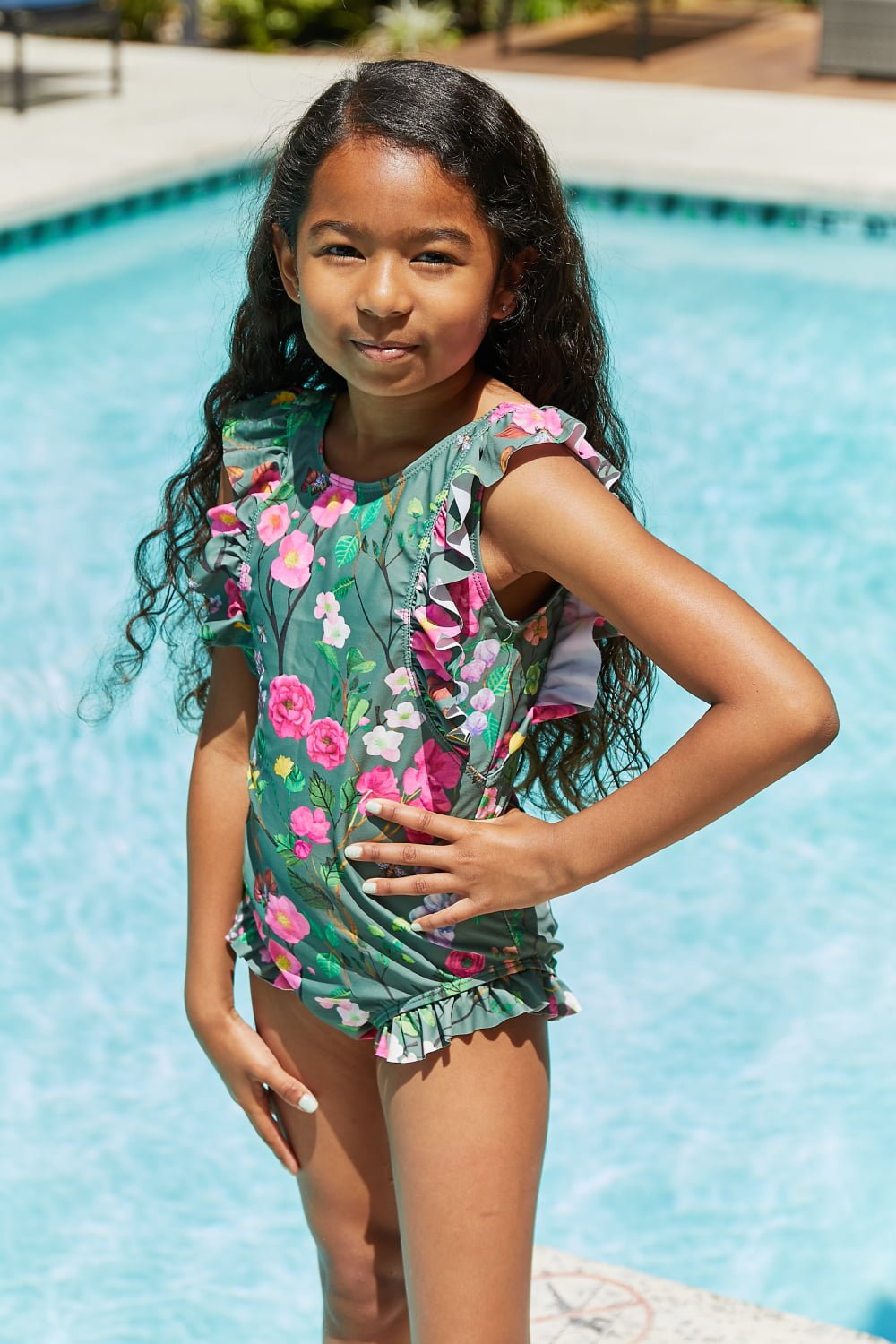 Girls Bring Me Flowers V-Neck One Piece Swimsuit - Bella Blue Styles