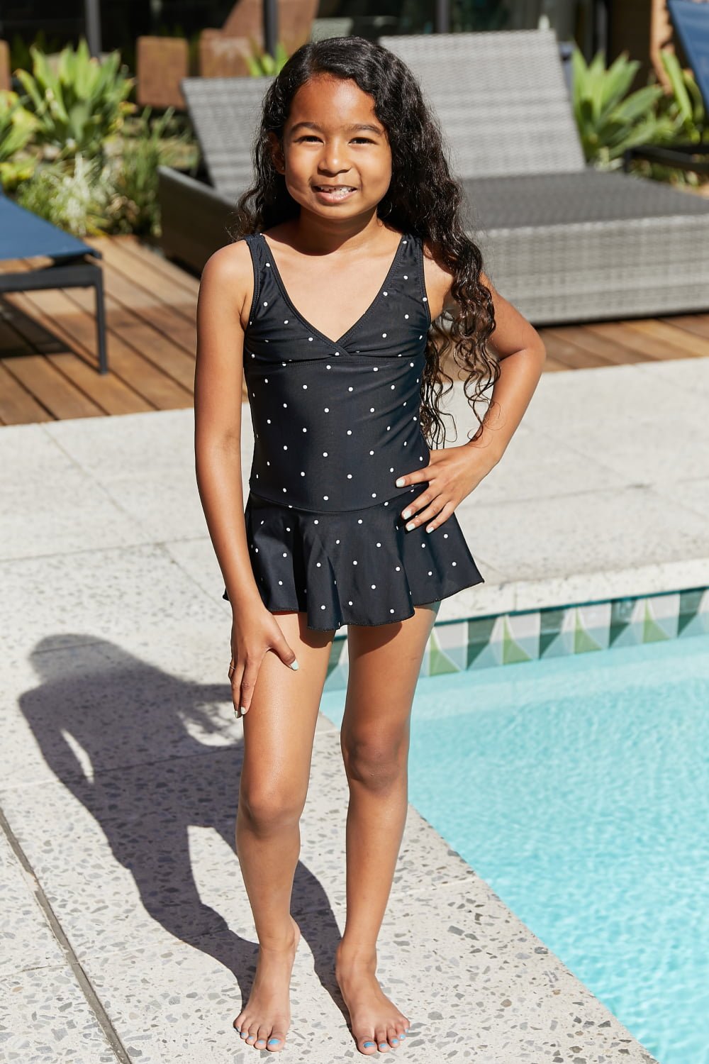 Girls Clear Waters Swim Dress in Black/White Dot - Bella Blue Styles