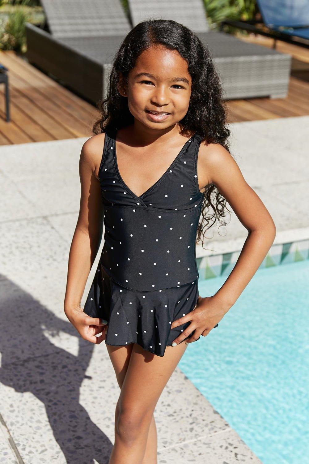 Girls Clear Waters Swim Dress in Black/White Dot - Bella Blue Styles