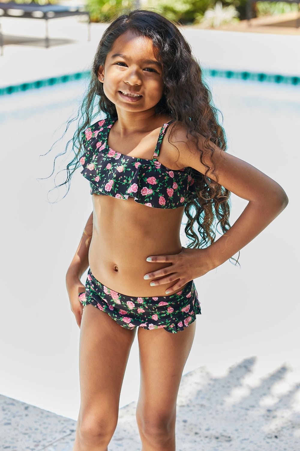 Girls Clear Waters Two-Piece Swim Set in Black Roses - Bella Blue Styles