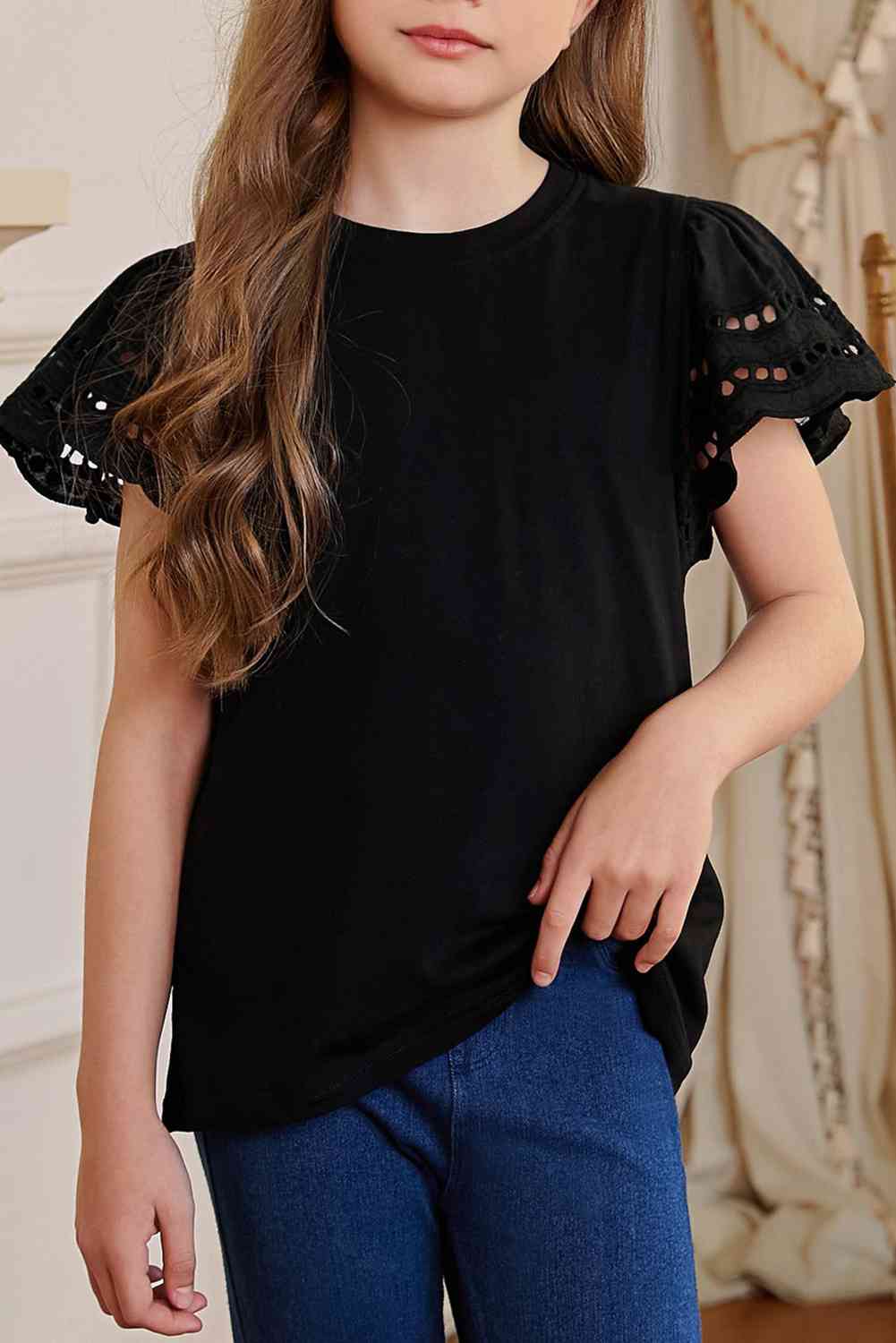 Girls Round Neck Flutter Sleeve Shirt - Bella Blue Styles