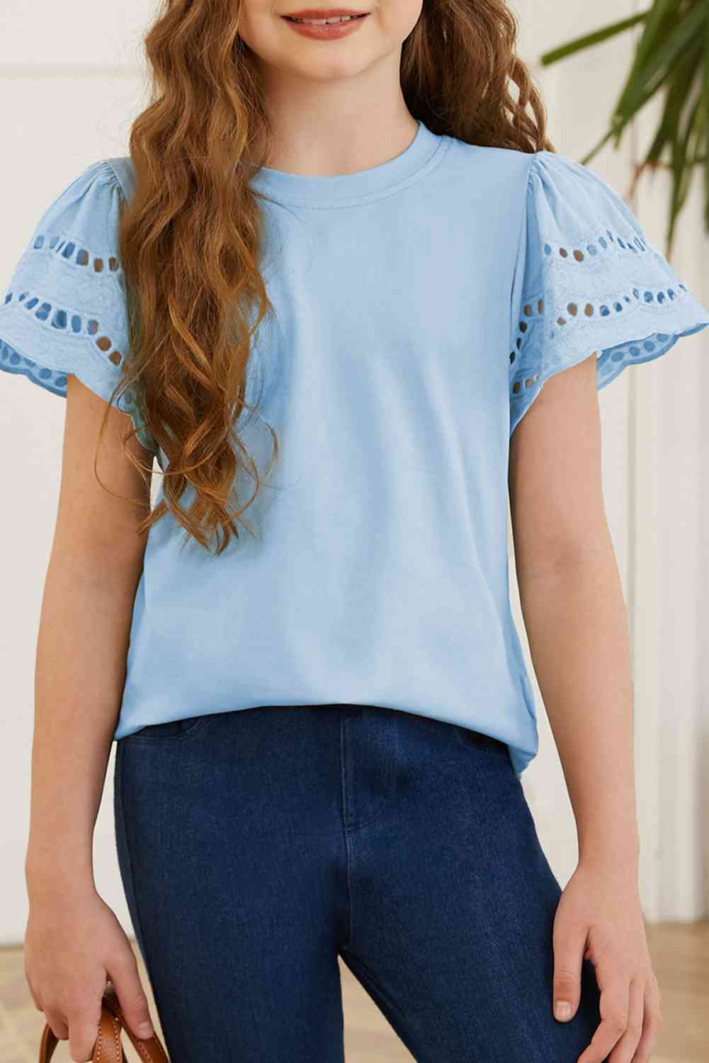 Girls Round Neck Flutter Sleeve Shirt - Bella Blue Styles