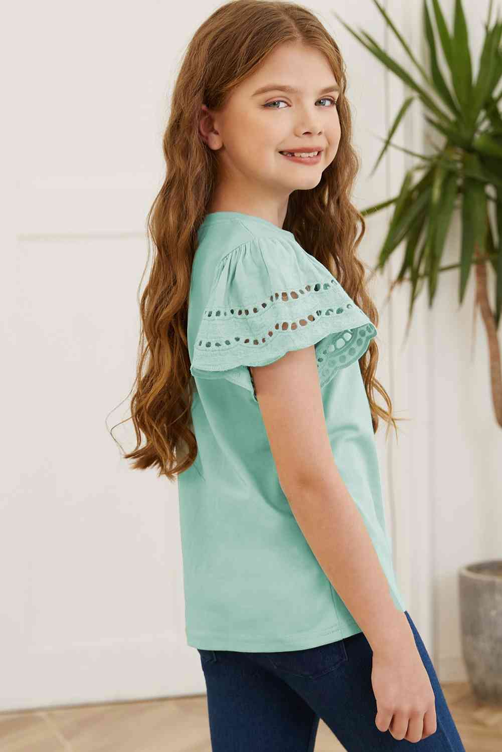 Girls Round Neck Flutter Sleeve Shirt - Bella Blue Styles