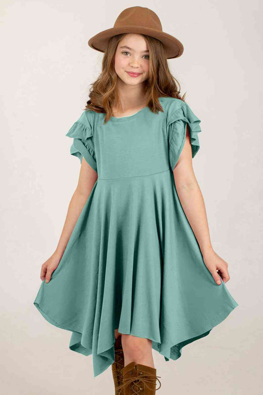 Girls Round Neck Petal Sleeve Dress - Bella Blue Styles