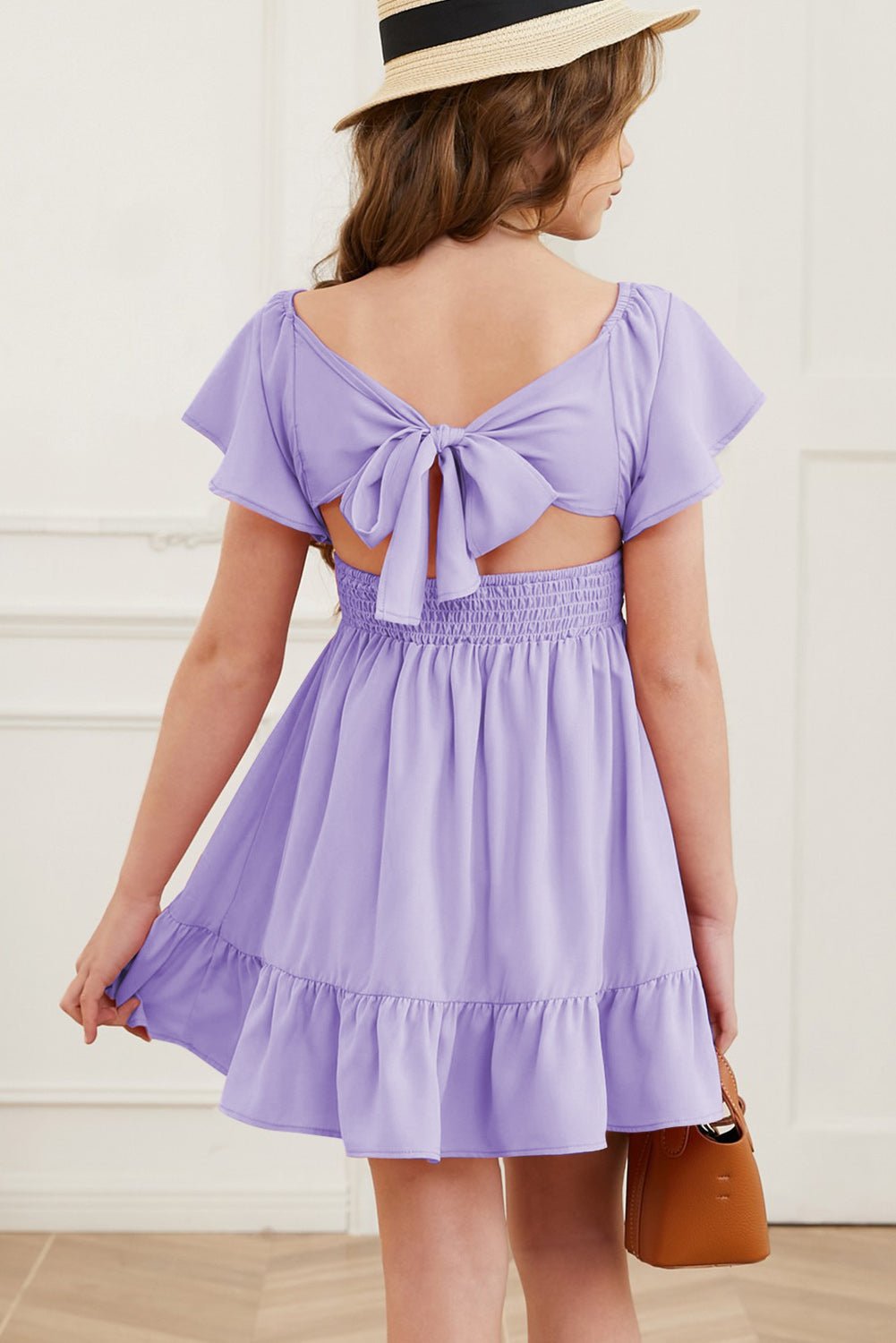 Girls Ruffle Hem Tie-Back Flutter Sleeve Dress - Bella Blue Styles