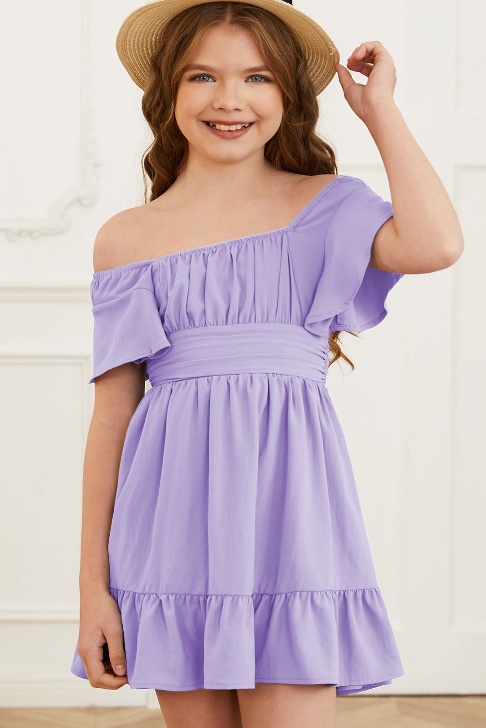 Girls Ruffle Hem Tie-Back Flutter Sleeve Dress - Bella Blue Styles