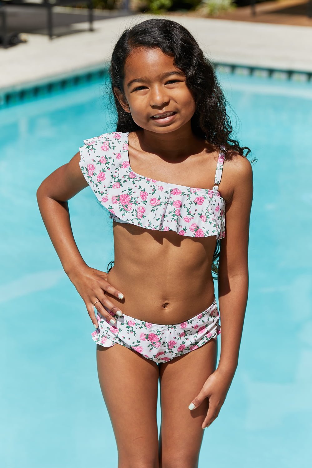 Girls Ruffle Two-Piece Swim Set in Roses Off-White - Bella Blue Styles