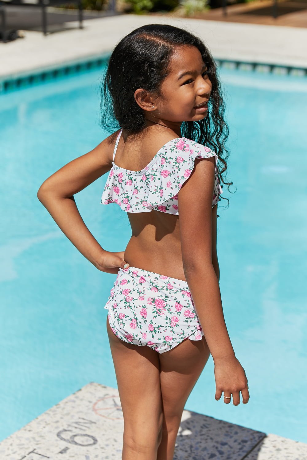 Girls Ruffle Two-Piece Swim Set in Roses Off-White - Bella Blue Styles