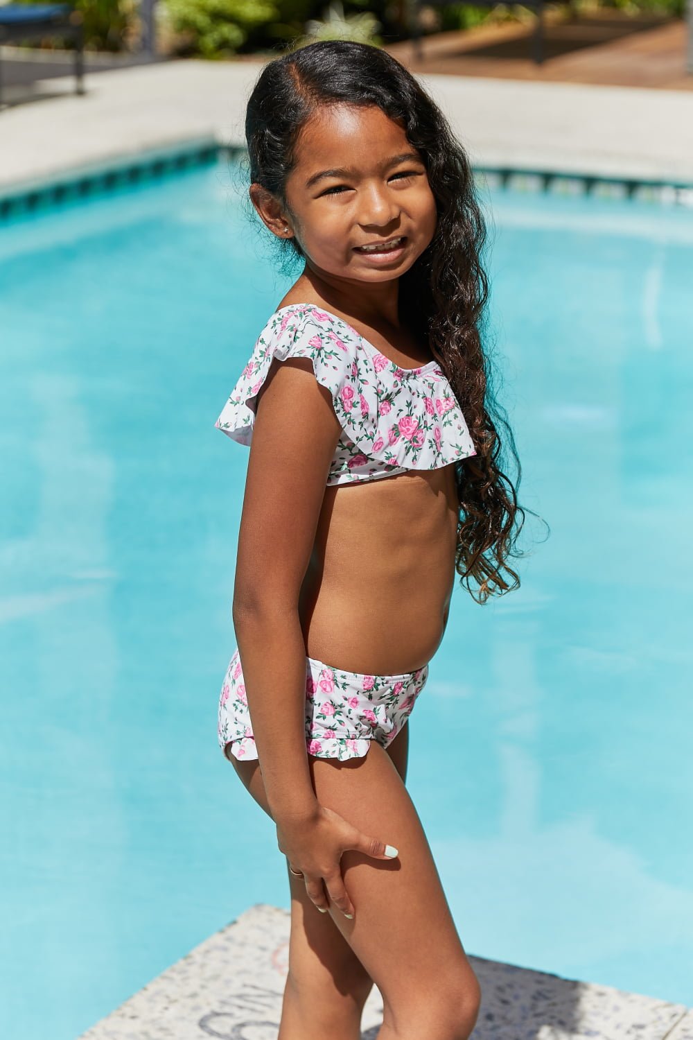 Girls Ruffle Two-Piece Swim Set in Roses Off-White - Bella Blue Styles