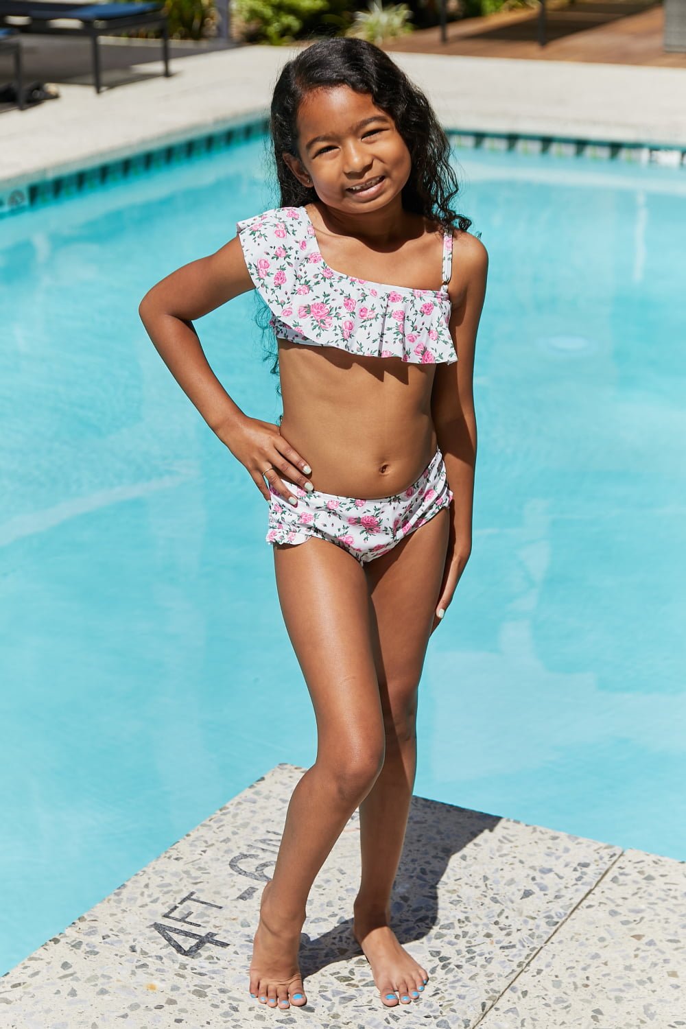 Girls Ruffle Two-Piece Swim Set in Roses Off-White - Bella Blue Styles