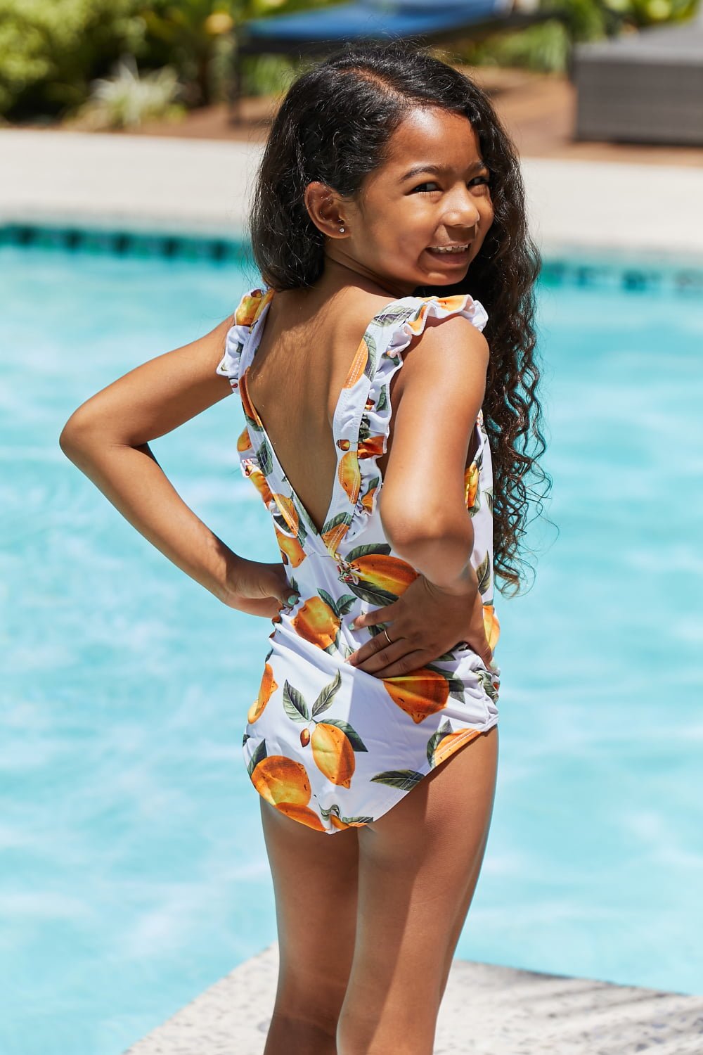 Girls Ruffled One-Piece in Citrus Orange - Bella Blue Styles