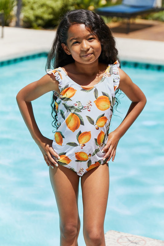 Girls Ruffled One-Piece in Citrus Orange - Bella Blue Styles