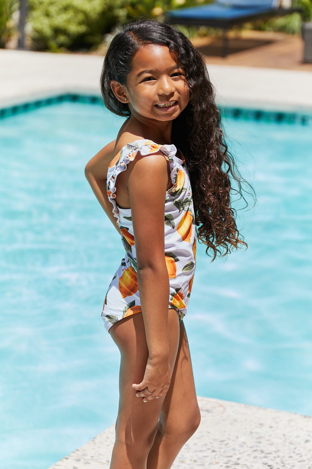 Girls Ruffled One-Piece in Citrus Orange - Bella Blue Styles