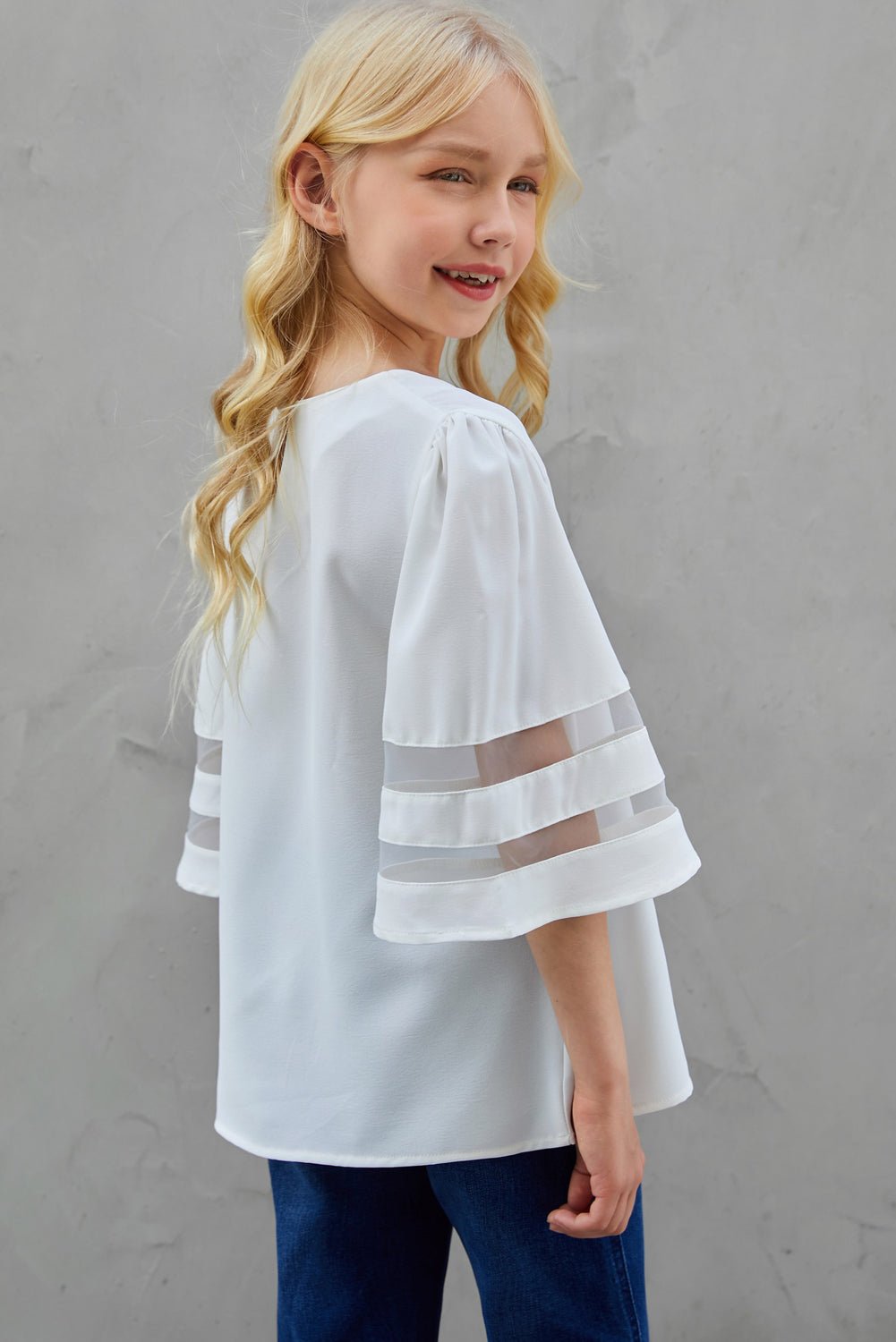 Girls Sheer Striped Flare Sleeve Tee Shirt - Bella Blue Styles