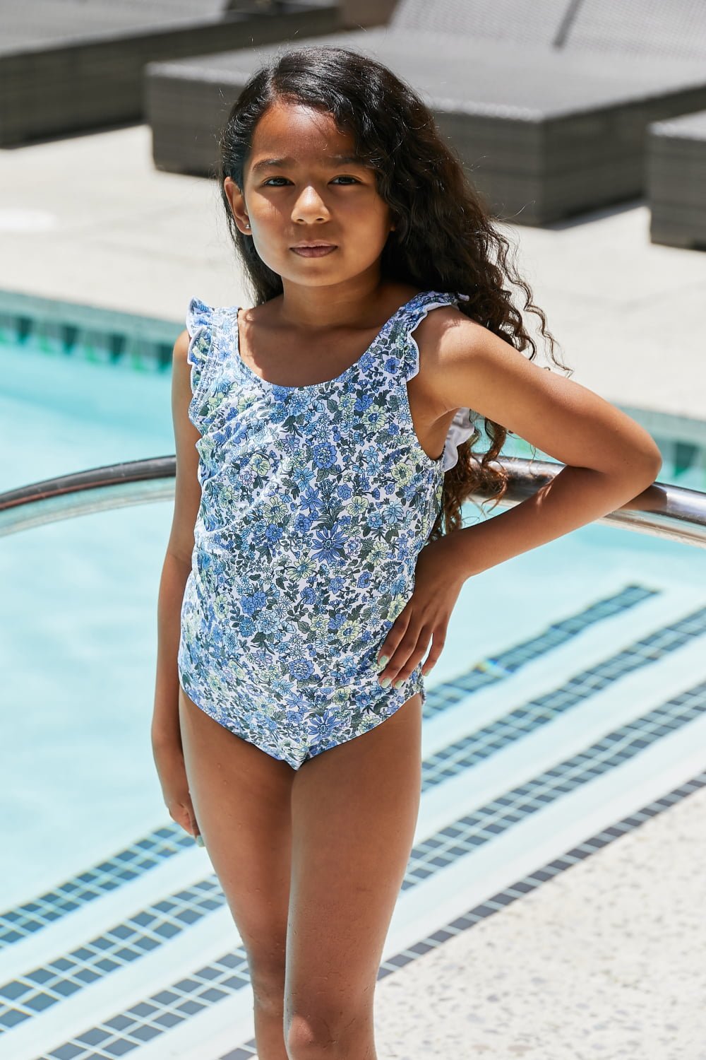 Girls Thistle Blue V-Neck One Piece Swimsuit - Bella Blue Styles