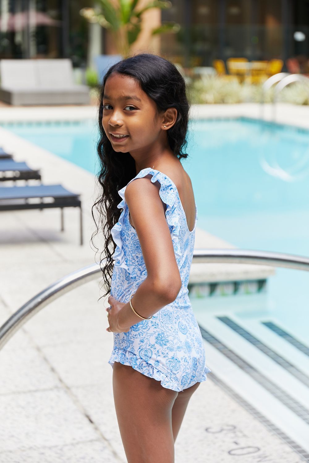 Girls Thistle Blue V-Neck One Piece Swimsuit - Bella Blue Styles