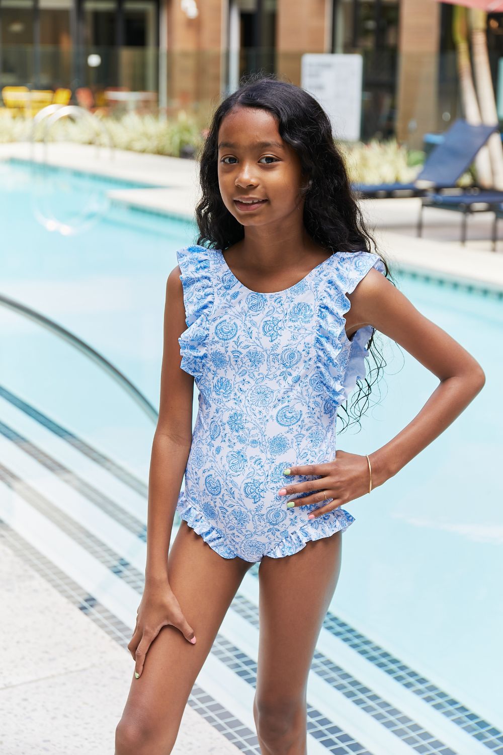 Girls Thistle Blue V-Neck One Piece Swimsuit - Bella Blue Styles