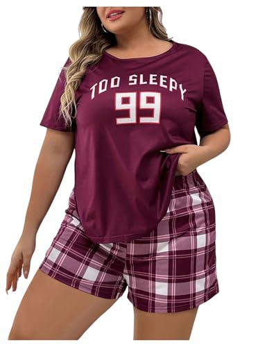 GORGLITTER Women's Plus Size Pajama Set 2 Piece Letter Short Sleeve Shirt Plaid Boxer Shorts Pjs Lounge Sets Purple 1XL - Bella Blue Styles