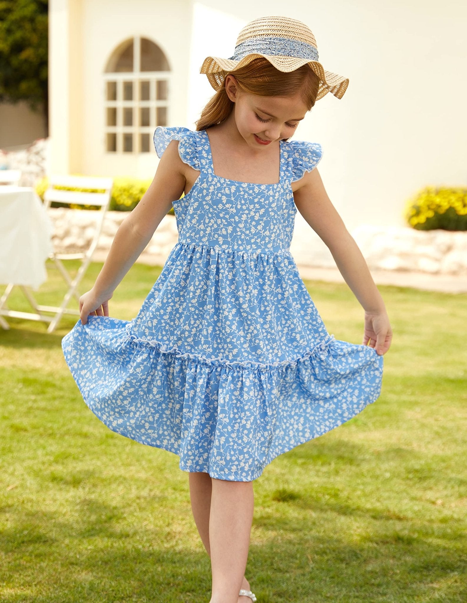 GRACE KARIN Girls A - line Floral Dress Girls Summer Beach Dress Blue Floral 12Y - Bella Blue Styles