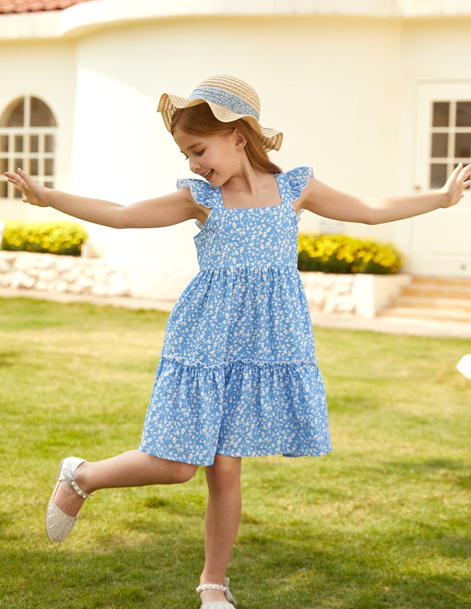 GRACE KARIN Girls A - line Floral Dress Girls Summer Beach Dress Blue Floral 12Y - Bella Blue Styles