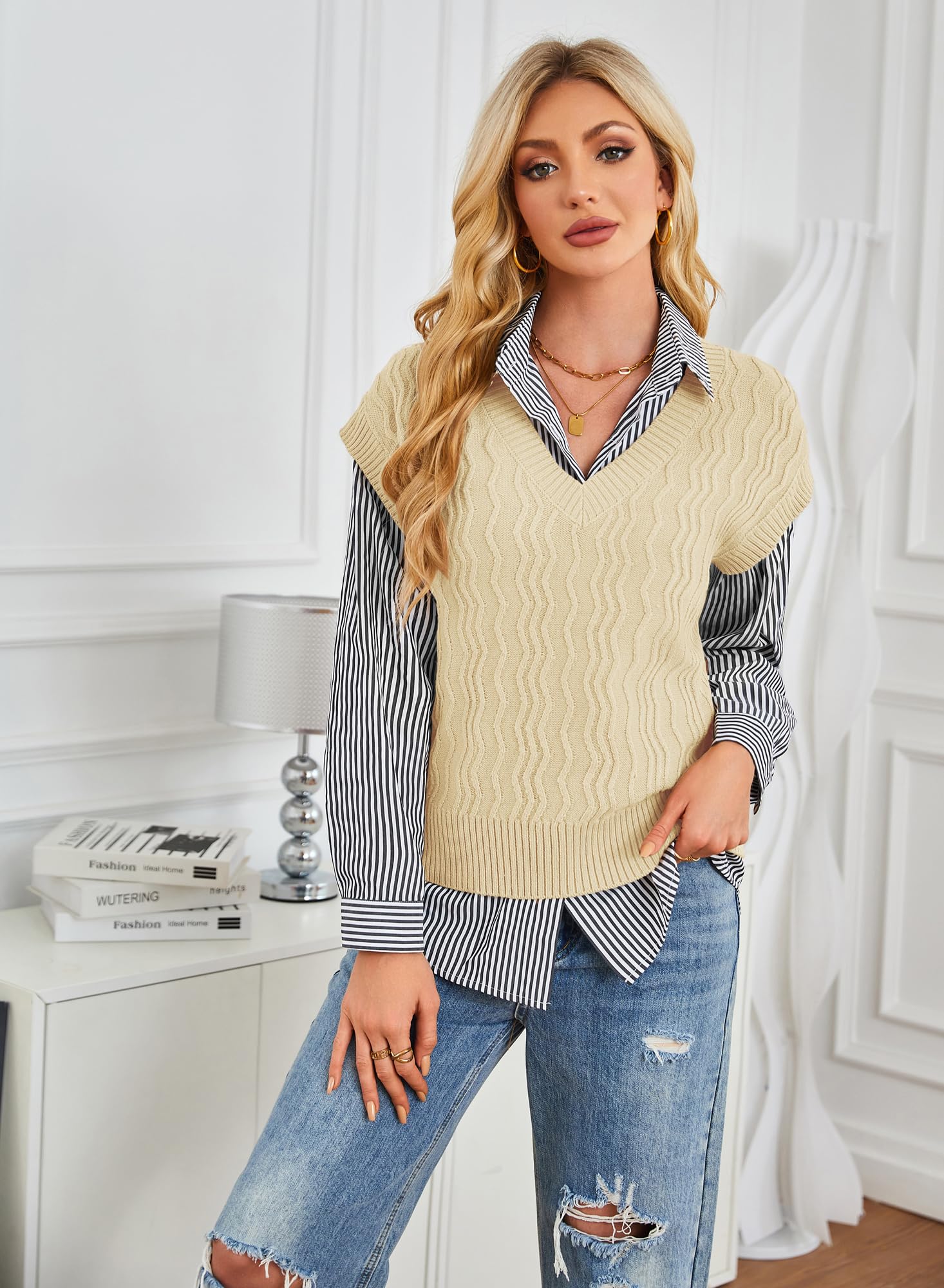 GRACE KARIN Womens Sleeveless Sweater Vest Mock Neck Cable Knit Cap Sleeve Trendy Pullover Tank Tops Beige - Bella Blue Styles